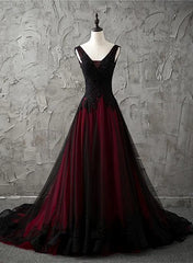 Party Dress Shops, Charming Sleeveless Black and Red Lace Appliques Beaded Party Dress, Low Back Prom Dress