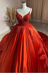 Wedding Dress V Neck, Charming Spaghetti Straps V Neck Aline Wedding Dress Orange Floral Appliques