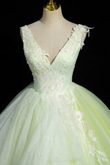 Prom Dress Pink, Charming Tulle Lace Green Prom Dresses, V-Neck Sleeveless Floor-Length Formal Evening Dresses