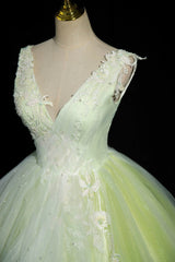 Prom Dresses Bodycon, Charming Tulle Lace Green Prom Dresses, V-Neck Sleeveless Floor-Length Formal Evening Dresses