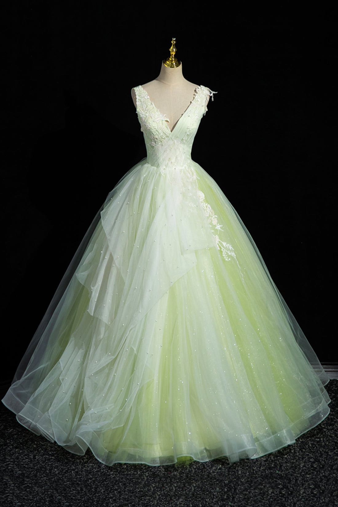 Prom Dresses Long With Slit, Charming Tulle Lace Green Prom Dresses, V-Neck Sleeveless Floor-Length Formal Evening Dresses