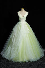 Prom Dresses Long With Slit, Charming Tulle Lace Green Prom Dresses, V-Neck Sleeveless Floor-Length Formal Evening Dresses