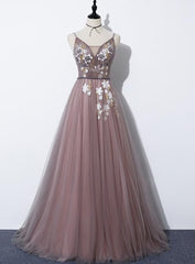 Formal Dress Ballgown, Charming V-neckline Flowers Dark Pink Prom Gown, Long Formal Dress