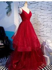 Party Dress Mini, Charming Wine Red Straps Sweetehart Layers Tulle Prom Dress, Long Party Dress