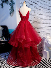 Party Dresses Mini, Charming Wine Red Straps Sweetehart Layers Tulle Prom Dress, Long Party Dress