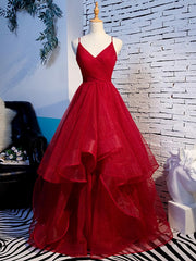 Party Dresses For Short Ladies, Charming Wine Red Straps Sweetehart Layers Tulle Prom Dress, Long Party Dress