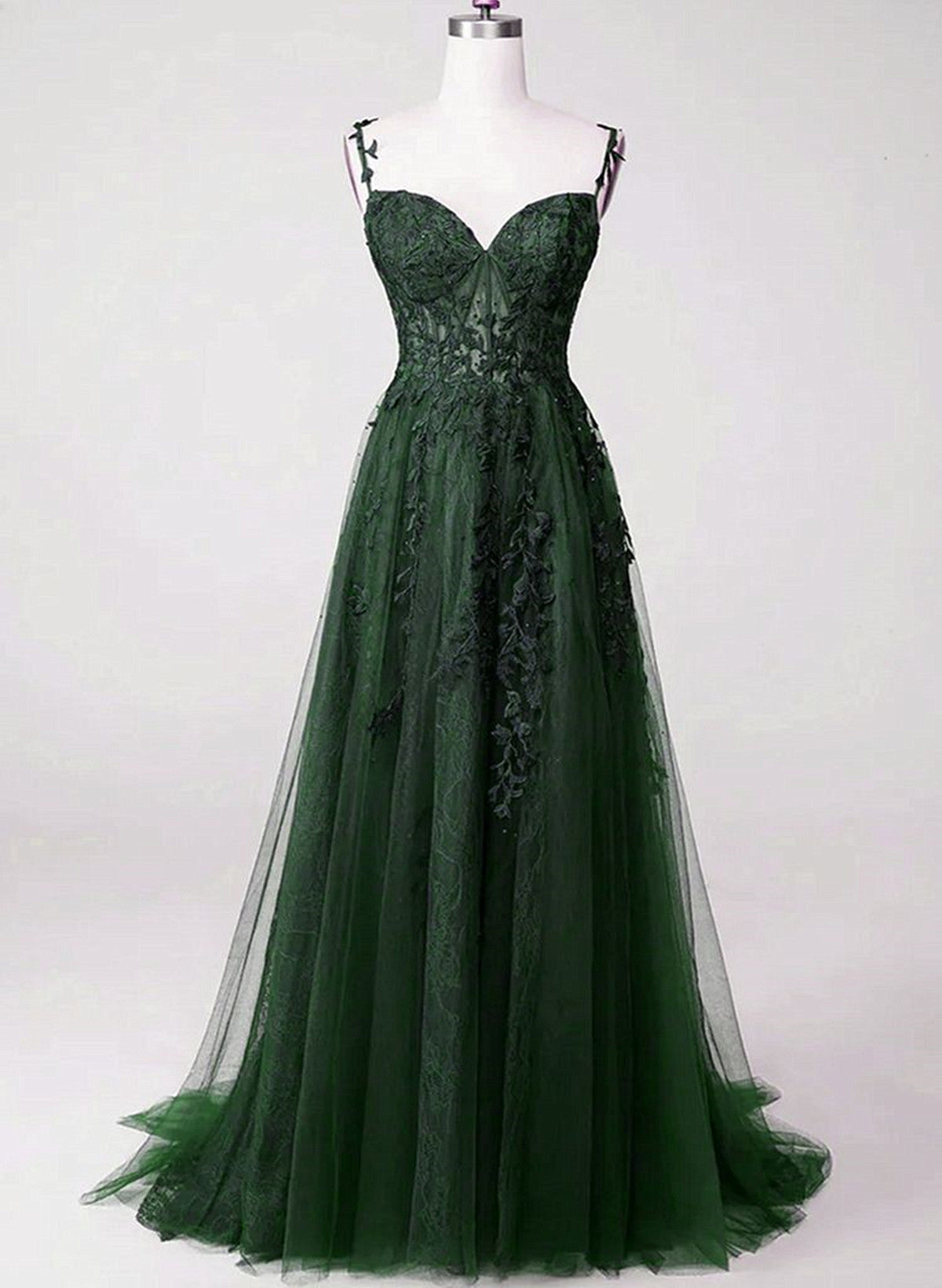 Bridesmaid Dress Vintage, Chic Green Straps Tulle with Lace Party Dress, A-line Sweetheart Floor Length Prom Dress
