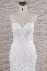 Wedding Dresses Short Bride, Chic Long Mermaid Sweetheart Spaghetti Strap Appliques Lace Wedding Dress