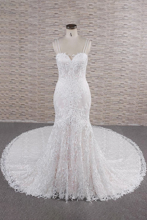 Wedding Dress Outlet Near Me, Chic Long Mermaid Sweetheart Spaghetti Strap Appliques Lace Wedding Dress