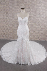 Wedding Dress Outlet Near Me, Chic Long Mermaid Sweetheart Spaghetti Strap Appliques Lace Wedding Dress