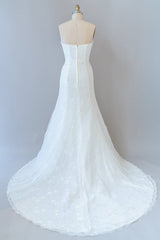 Wedding Dress Shopping Outfit, Chic Long Sheath Strapless Ruffle Lace Wedding Dress