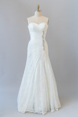 Wedding Dress With Sleeves Lace, Chic Long Sheath Strapless Ruffle Lace Wedding Dress