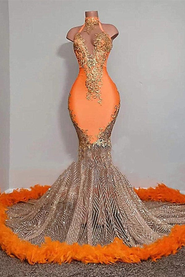 Party Dress Night Out, Chic Orange Long Mermaid Halter Sleeveless Tulle Prom Dress