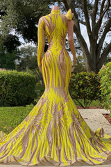 Party Dress White, Chic Yellow Long Mermaid High Neck Tulle Lace Prom Dress with Sleeves