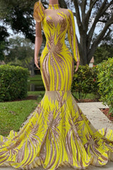 Party Dress Christmas, Chic Yellow Long Mermaid High Neck Tulle Lace Prom Dress with Sleeves
