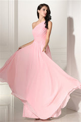 Party Dress Afternoon Tea, Chiffon Pink One Shoulder Long Bridesmaid Dresses