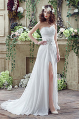 Wedding Dresses V Neck, Chiffon Sweetheart Neckline A-Line Wedding Dresses With Rhinestones