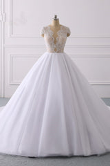 Wedding Dresses Stores, Classic Cap sleeves V neck White Ball Gown Lace Wedding Dress