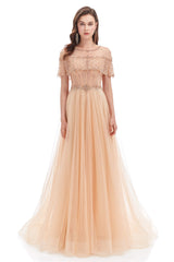 Vacation Dress, Crystal O-Neck Sleeveless A Line Tulle Prom Dresses