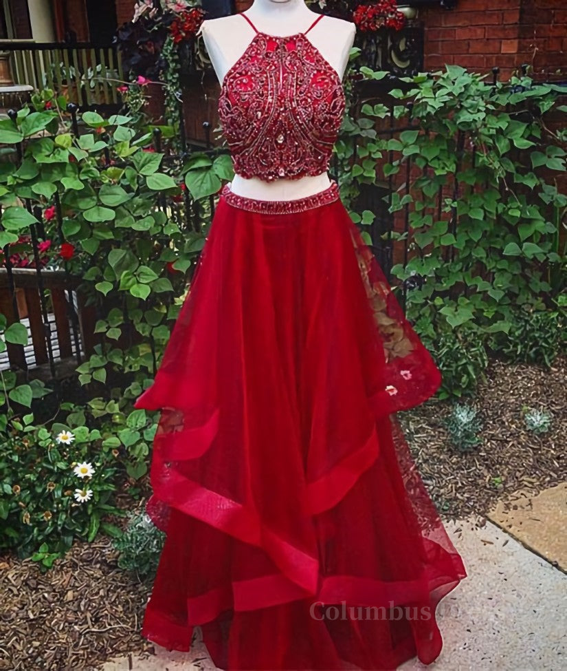 Formal Dresses Long Gowns, Custom Made Beaded Red Halter Two Piece Prom Dresses ,Formal Dresses