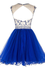 Bridesmaid Dress Stylee, Custom Made Round Neck Cap Sleeves Beading Black Short Prom Dresses Royal Blue Homecoming Dresses, Evening Dresses 2024