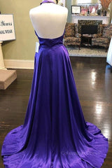 Evening Dresses For Ladies Over 55, Custom Made Unique Backless Purple Satin Long Prom Dress, Backless Purple Formal Dress, Purple Evening Dress