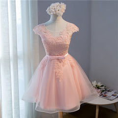 Formal Dress For Party Wear, Custom Pink Lovely Cap Sleeves Knee Length Formal Dress, Pink Tulle Prom Dress