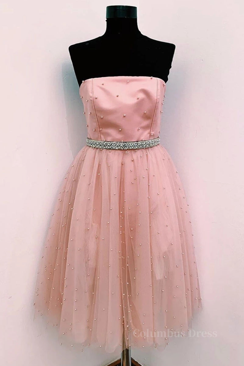 Evening Dress Sleeves, Cute A Line Strapless Beaded Pink Short Prom Dress Homecoming Dress, Strapless Pink Formal Graduation Evening Dress