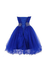Bridesmaid Gown, Cute Blue Sweetheart Tulle Cocktail Dress Homecoming Dress With Beading, Short Prom Dress