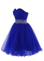 Casual Gown, Cute Blue Sweetheart Tulle Cocktail Dress Homecoming Dress With Beading, Short Prom Dress