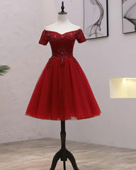 Formal Dress Vintage, Cute Burgundy Off Shoulder Tulle Party Dress, Wine Red Homecoming Dress