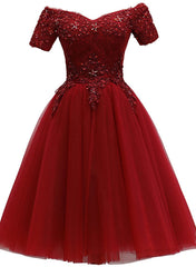 Formal Dress Long Elegant, Cute Burgundy Off Shoulder Tulle Party Dress, Wine Red Homecoming Dress