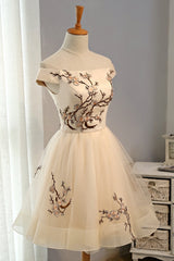 Prom Dress Outfit, Cute Champagne Off Shoulder Knee Length Prom Dress , Lovely Formal Dress