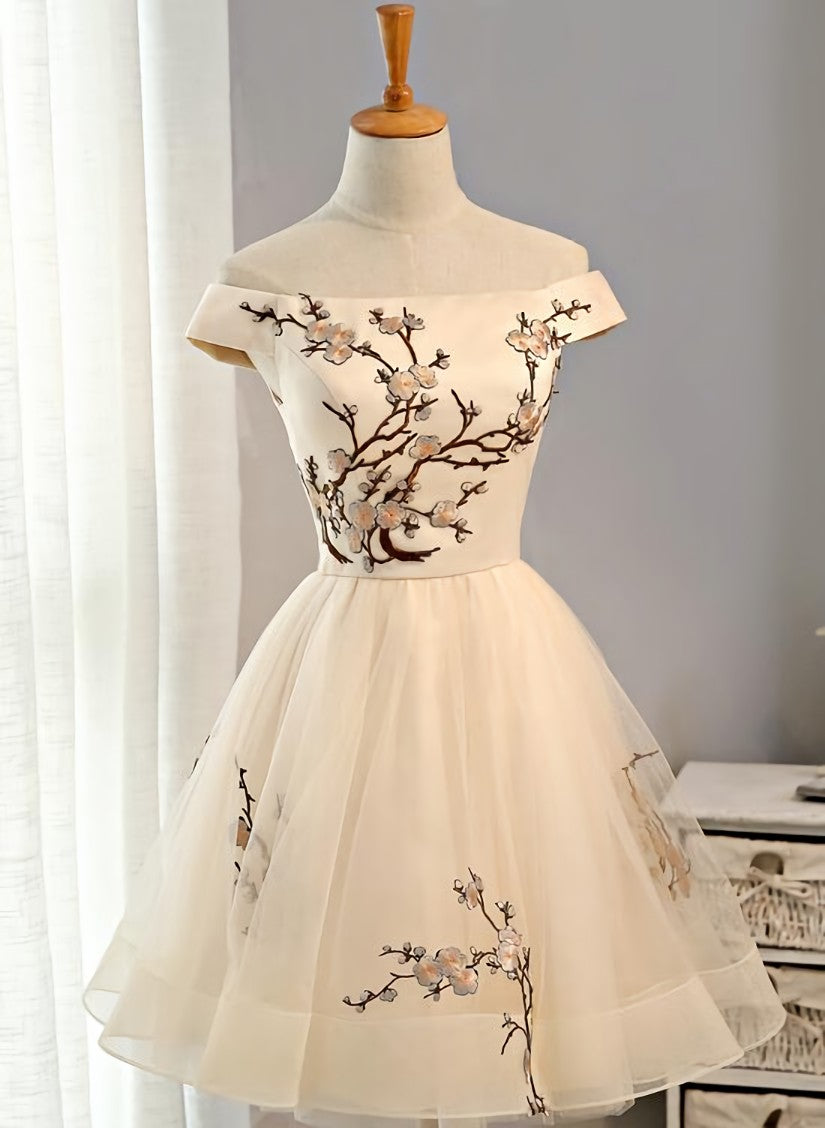 Prom Dress Boho, Cute Champagne Off Shoulder Knee Length Prom Dress , Lovely Formal Dress