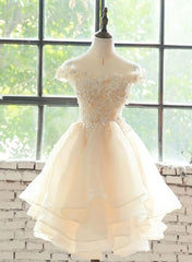Homecoming Dress Cute, Cute Champagne Organza Layers Knee Length Homecoming Dress with Lace, Short Prom Dress