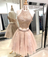 Engagement Dress, Cute champagne tulle lace short prom dress, homecoming dress