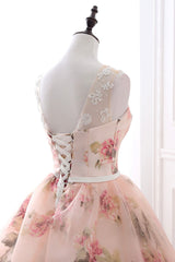 Prom Dress Idea, Cute Floral Long Prom Dress with Lace,  A-Line Scoop Neckline Party Dress