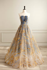 Bridesmaids Dress Inspiration, Cute Gradient Tulle Long Formal Dress, A-Line Strapless Prom Dress Evening Dress
