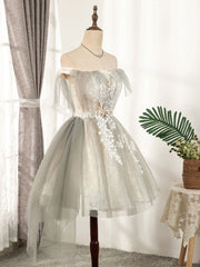 Formal Dress Long Sleeve, Cute Gray Tulle Lace Short Prom Dress, Gray Tulle Puffy Homecoming Dress