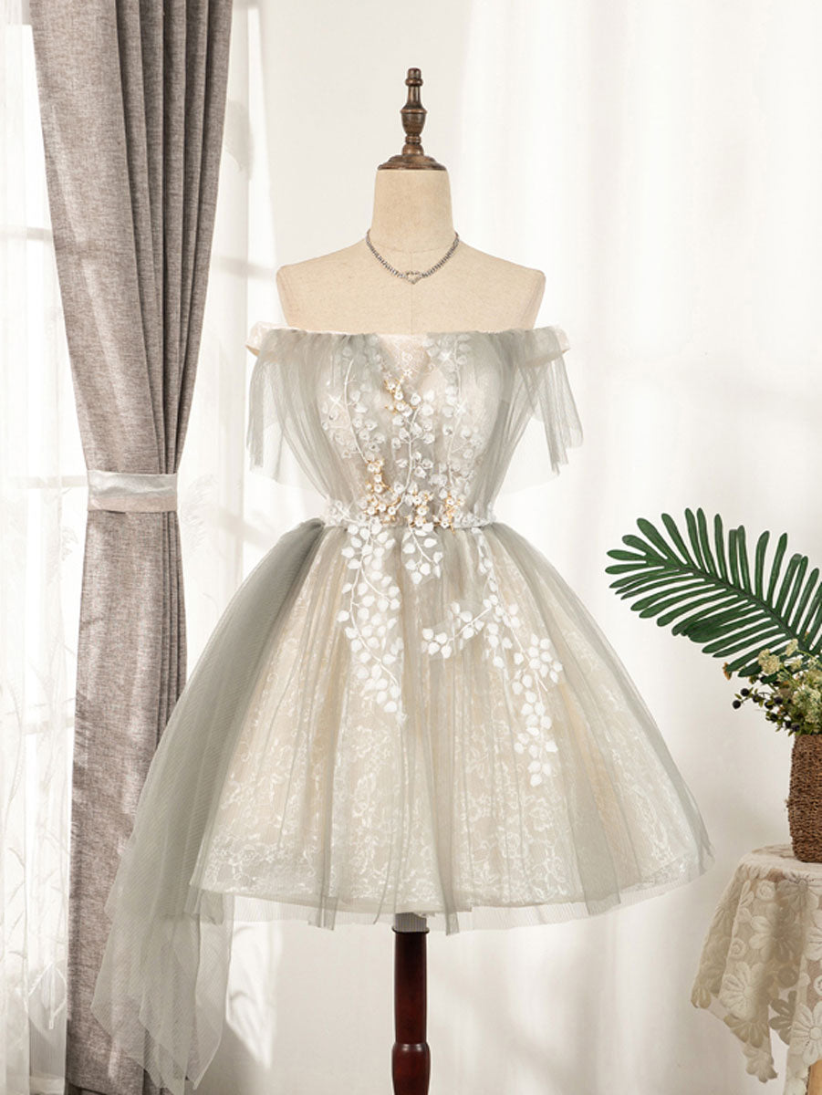 Formal Dresses Australia, Cute Gray Tulle Lace Short Prom Dress, Gray Tulle Puffy Homecoming Dress