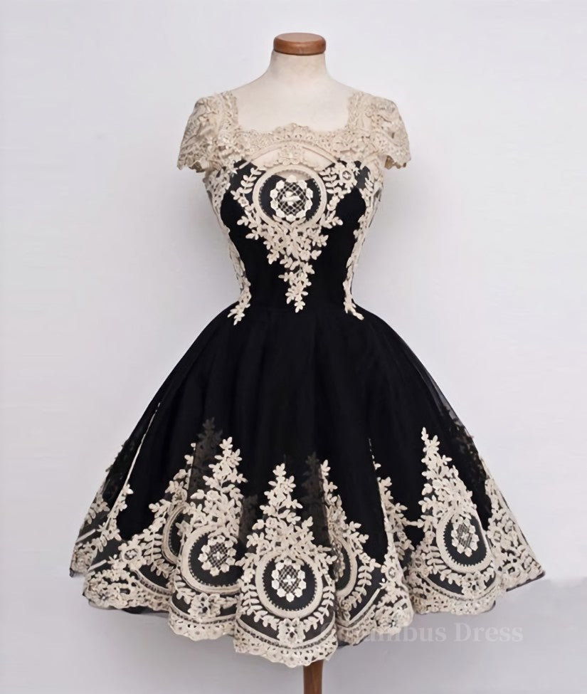 Bridesmaid Dresses Color, Cute Lace Applique Black Short Prom Dresses, Lace Applique Homecoming Dresses