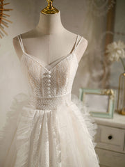 Bridesmaid Dress Cheap, Cute Light Champagne Lace Tulle Short Prom Dress, Puffy Homecoming Dress