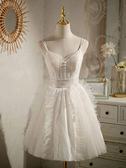 Bridesmaids Dresses Cheap, Cute Light Champagne Lace Tulle Short Prom Dress, Puffy Homecoming Dress
