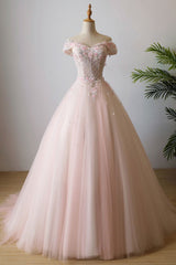 Graduation Outfit, Cute Light Pink Tulle Flowers Off Shoulder Party Dress, Sweet 16 Gown