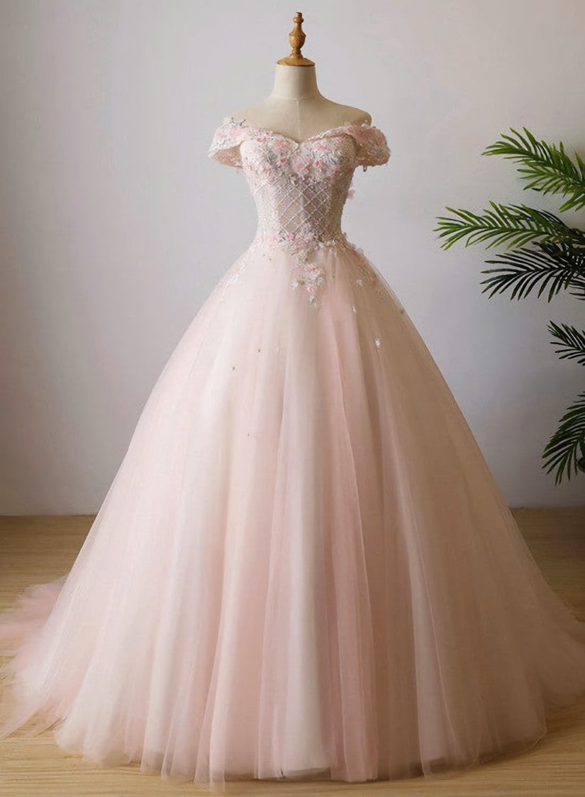 Glam Dress, Cute Light Pink Tulle Flowers Off Shoulder Party Dress, Sweet 16 Gown