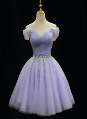 Prom Dress With Slit, Cute Light Purple Beaded Tulle Homecoming Dresses, Short Prom Dress Formal Dresses