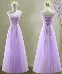 Homecoming Dress With Tulle, Cute Light Purple Tulle with Lace V-neckline Prom Dress, Long Evening Gown Formal Dress