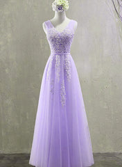 Homecoming Dress Boutiques, Cute Light Purple Tulle with Lace V-neckline Prom Dress, Long Evening Gown Formal Dress