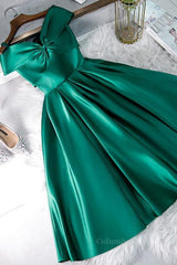 Formal Dress Elegant, Cute Off Shoulder Green Satin Short Prom Dresses, Off the Shoulder Green Homecoming Dresses, Green Formal Evening Dresses