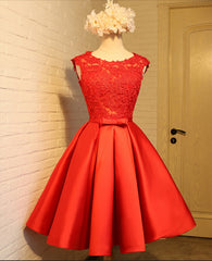 Homecoming Dress With Tulle, Cute Red Homecoming Dress, Round Neckline Lace and Satin Party Dress